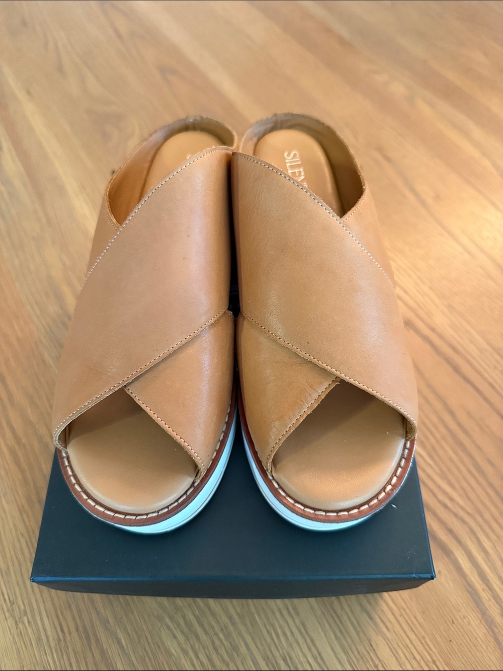 Sole Society Cognac Crisscross Leather Slide Mules